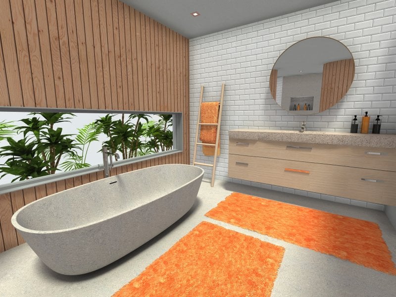 Boho-Chic bathroom design with orange accent colors